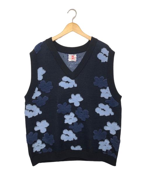son of the cheese（（サノバチーズ））SON OF THE CHEESE (（サノバチーズ）) Flower Pattern Knit Vest ネイビー サイズ:Lの古着・服飾アイテム