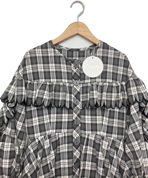 CHESTY（チェスティ）CHESTY (チェスティ) スカラップフリルチェックワンピース　長袖ワンピース グレー サイズ:０の古着・服飾アイテム