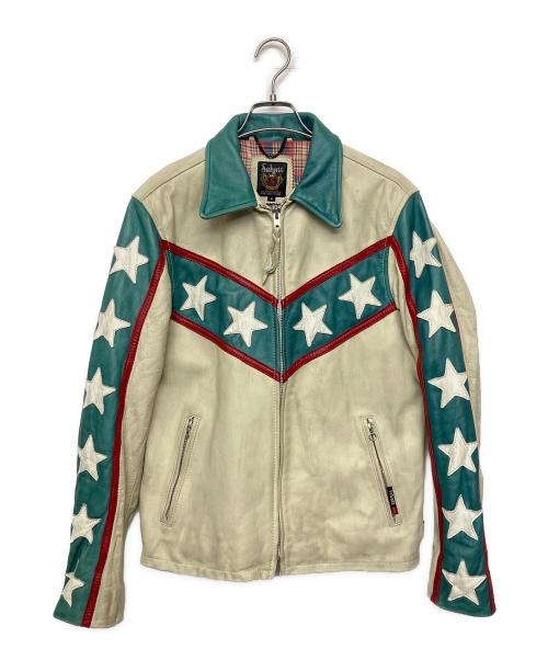 Schott（ショット）Schott (ショット) シングルライダースジャケット 星条旗柄 ベージュ×グリーン サイズ:Mの古着・服飾アイテム