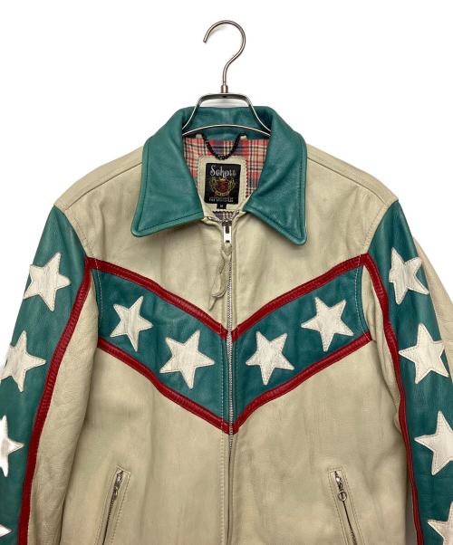 Schott（ショット）Schott (ショット) シングルライダースジャケット 星条旗柄 ベージュ×グリーン サイズ:Mの古着・服飾アイテム