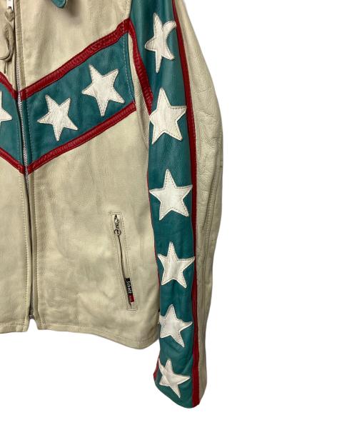 Schott（ショット）Schott (ショット) シングルライダースジャケット 星条旗柄 ベージュ×グリーン サイズ:Mの古着・服飾アイテム