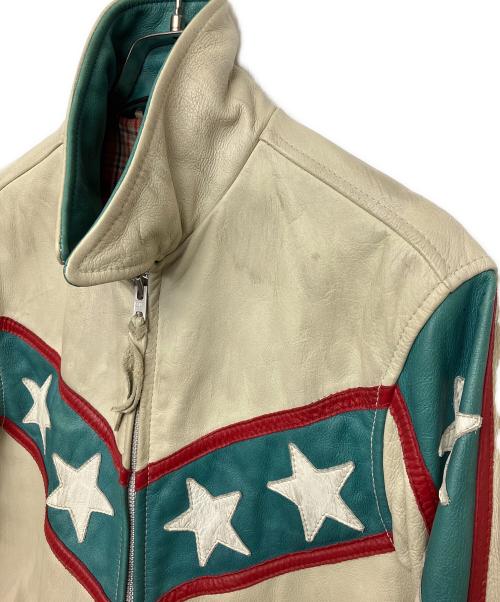 Schott（ショット）Schott (ショット) シングルライダースジャケット 星条旗柄 ベージュ×グリーン サイズ:Mの古着・服飾アイテム