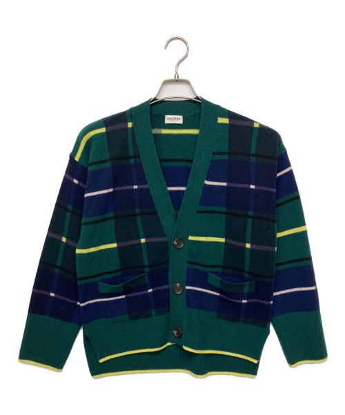 MACPHEE（マカフィー）MACPHEE (マカフィー) NZ LAMBS プリント Vネックカーディガン グリーン×ネイビー サイズ:Sの古着・服飾アイテム