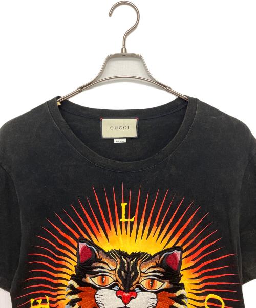 GUCCI（グッチ）GUCCI (グッチ) アングリーキャット 刺繍 両面プリント ヴィンテージ加工半袖カットソー ブラック サイズ:FREEの古着・服飾アイテム