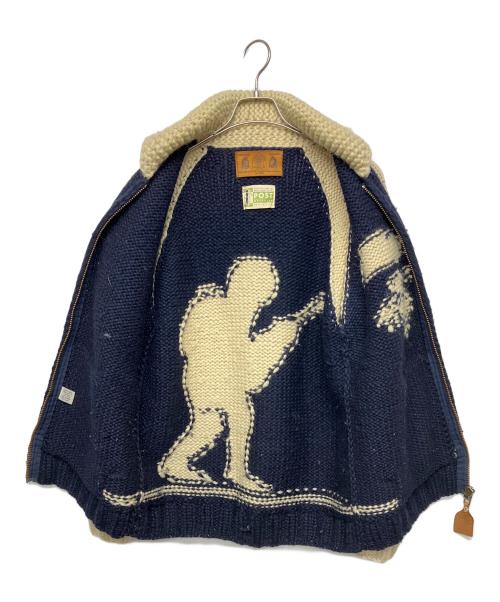 POST OVERALLS（ポストオーバーオールズ）POST OVERALLS (ポストオーバーオールズ) CANADIAN SWEATER (カナディアンセーター) A BATHING APE (ア ベイシング エイプ) ニットジャケット ベージュ×ネイビー サイズ:不明の古着・服飾アイテム