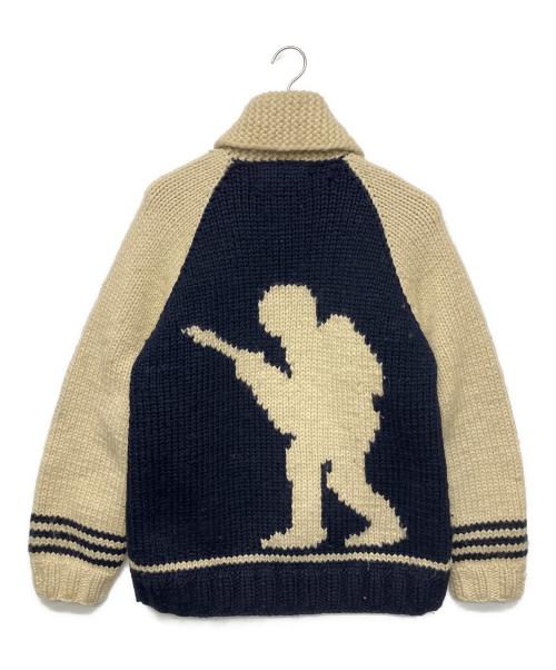 POST OVERALLS（ポストオーバーオールズ）POST OVERALLS (ポストオーバーオールズ) CANADIAN SWEATER (カナディアンセーター) A BATHING APE (ア ベイシング エイプ) ニットジャケット ベージュ×ネイビー サイズ:不明の古着・服飾アイテム