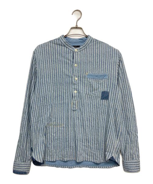 RRL（ダブルアールエル）RRL (ダブルアールエル) リペアリネンコットンポップオーバーシャツ ホワイト×ネイビー サイズ:Mの古着・服飾アイテム