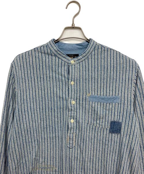 RRL（ダブルアールエル）RRL (ダブルアールエル) リペアリネンコットンポップオーバーシャツ ホワイト×ネイビー サイズ:Mの古着・服飾アイテム