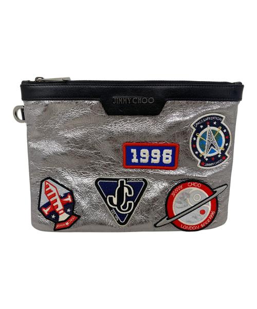 JIMMY CHOO（ジミーチュウ）JIMMY CHOO (ジミーチュウ) メタリックワッペンクラッチバッグ シルバー×ブラックの古着・服飾アイテム