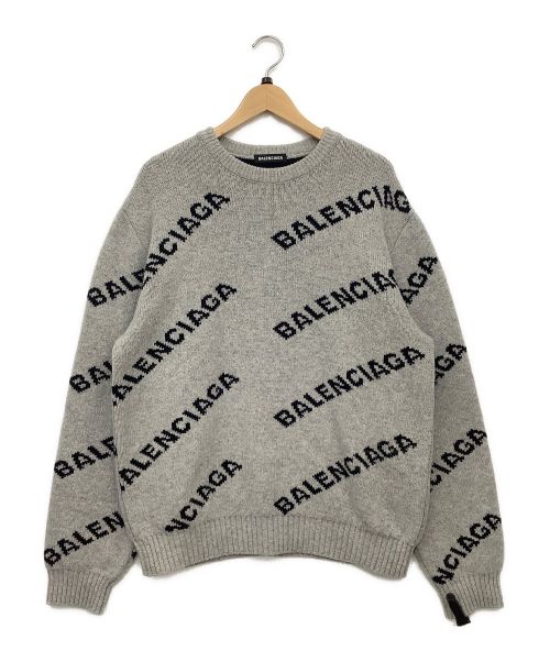 BALENCIAGA（バレンシアガ）BALENCIAGA (バレンシアガ) ロゴ総柄ジャガードオーバーシルエットニット グレー サイズ:Lの古着・服飾アイテム