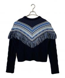 DIESEL Black Gold（ディーゼル ブラック ゴールド）の古着「DIESEL BLACK GOLD フリンジ ノルディック ニット」｜スカイブルー×ネイビー