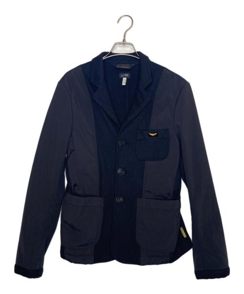 ARMANI JEANS（アルマーニジーンズ）ARMANI JEANS (アルマーニジーンズ) ARMANI JEANS アルマーニジーンズ ウール切り替え テーラードジャケット 30 anniversario jacket エンブレム刺繍入り ブラック サイズ:XSの古着・服飾アイテム
