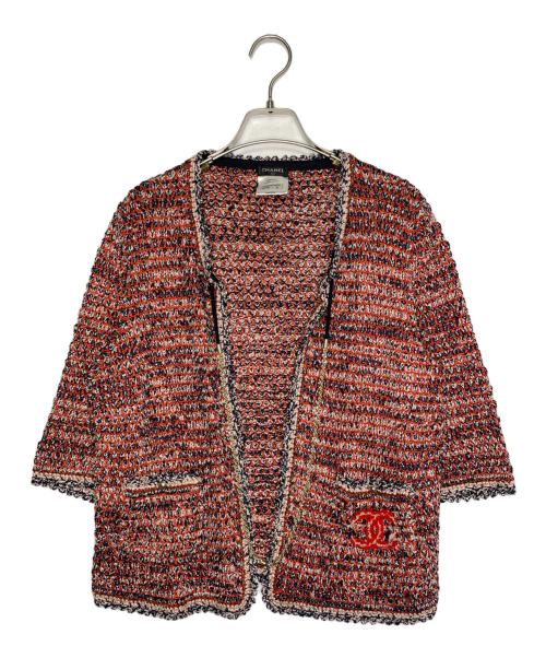 CHANEL（シャネル）CHANEL (シャネル) CHANEL  ココマークボタンニットジャケット オレンジ×ネイビー×ホワイト サイズ:42の古着・服飾アイテム
