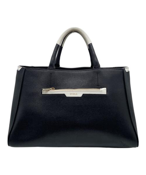 FURLA（フルラ）FURLA (フルラ) FURLA ハンドバッグ （サフィアーノプリント カーフレザー トートバッグ） ブラック×ホワイトの古着・服飾アイテム