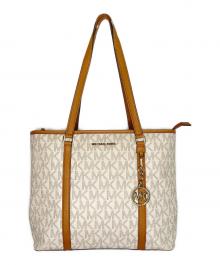 MICHAEL KORS（マイケルコース）の古着「MICHAEL KORS マイケルコース SADY サディ MKシグネチャー トップジップ トートバッグ ラージ」｜ブラウン×ホワイト