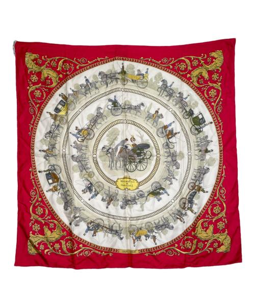 HERMES（エルメス）HERMES HERMES エルメス カレ90 LA PROMENADE DE LONGCHAMPS ロンシャンへの散歩 馬車 シルク100 スカーフ Philippe Ledoux フィリップ ルドゥー レッド×ホワイト サイズ:Sの古着・服飾アイテム