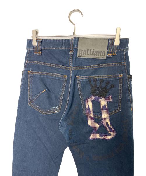 GALLIANO（ガリアーノ）GALLIANO (ガリアーノ) GALLIANO ガリアーノ チェック王冠gパッチワーク ストレッチ スキニー デニムパンツ ジーンズ インディゴ インディゴ サイズ:W30 L44の古着・服飾アイテム