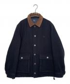 FRED PERRYフレッドペリー）の古着「FRED PERRY フレッドペリー 2018AW LONG LINE JACKET ロングラインジャケット ウールコート ネイビー」｜ブラック×ブラウン