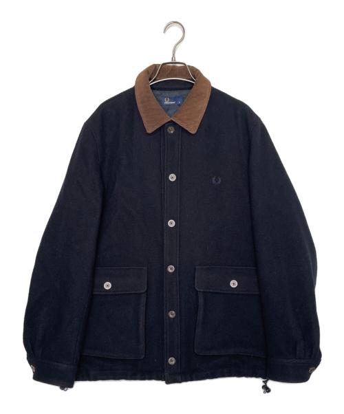 FRED PERRY（フレッドペリー）FRED PERRY (フレッドペリー) FRED PERRY フレッドペリー 2018AW LONG LINE JACKET ロングラインジャケット ウールコート ネイビー ブラック×ブラウン サイズ:Mの古着・服飾アイテム