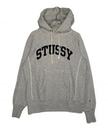 stussy×Champion REVERSE WEAVE（ステューシー×チャンピオン リバース ウィーブ）の古着「stussy ステューシー Champion チャンピオン World Tour ワールドツアー アーチロゴ リバースウィーブ パーカー」｜グレー