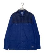 stussyステューシー）の古着「STUSSY ステューシー BURLY THREADS 00's バッファローチェック切り替え ワークシャツ 長袖シャツ 金タグ」｜ネイビー