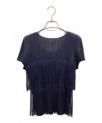 PLEATS PLEASEプリーツプリーズ）の古着「半袖フリンジブラウス」｜ネイビー