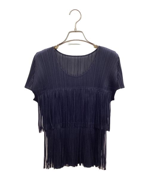 PLEATS PLEASE（プリーツプリーズ）PLEATS PLEASE (プリーツプリーズ) 半袖フリンジブラウス ネイビー サイズ:3の古着・服飾アイテム