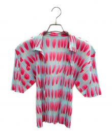 PLEATS PLEASE（プリーツプリーズ）の古着「半袖ブラウス」｜ブルー×ピンク