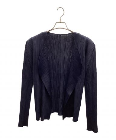 PLEATS PLEASE プリーツ ノーカラー 半袖 カーディガン 紺 3 中古・古着通販】PLEATS PLEASE ISSEY MIYAKE (プリーツプリーズ