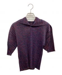 PLEATS PLEASE（プリーツプリーズ）の古着「半袖ブラウス」｜ネイビー×レッド