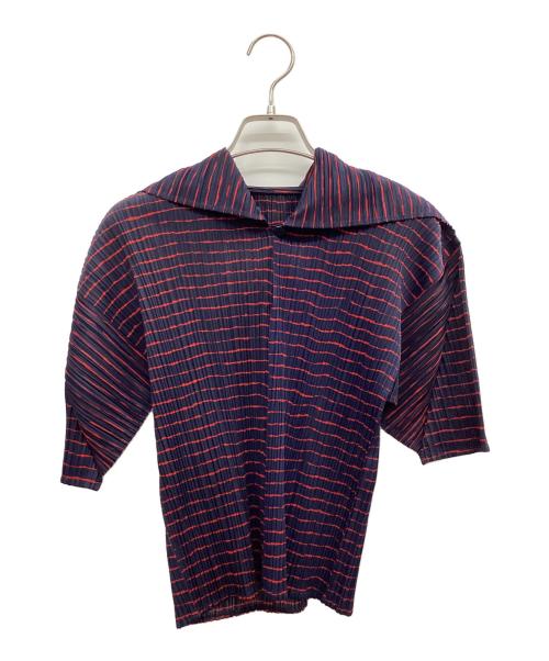 PLEATS PLEASE（プリーツプリーズ）PLEATS PLEASE (プリーツプリーズ) 半袖ブラウス ネイビー×レッド サイズ:3の古着・服飾アイテム