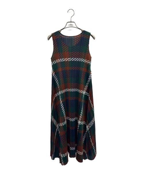 PLEATS PLEASE（プリーツプリーズ）PLEATS PLEASE (プリーツプリーズ) ノースリーブワンピース グリーン×ブラウン サイズ:2の古着・服飾アイテム