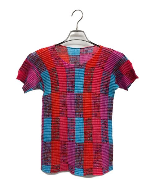 ISSEY MIYAKE（イッセイミヤケ）ISSEY MIYAKE (イッセイミヤケ) 半袖ブラウス レッド×ブルー サイズ:Mの古着・服飾アイテム