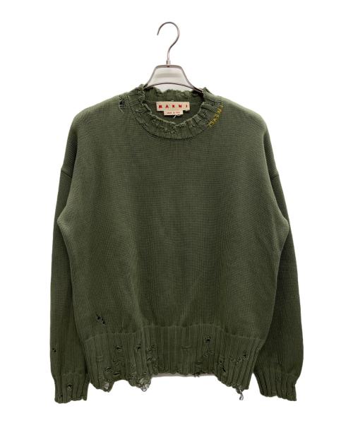 MARNI（マルニ）MARNI (マルニ) コットン ダメージ クルーネックニット グリーン サイズ:48の古着・服飾アイテム