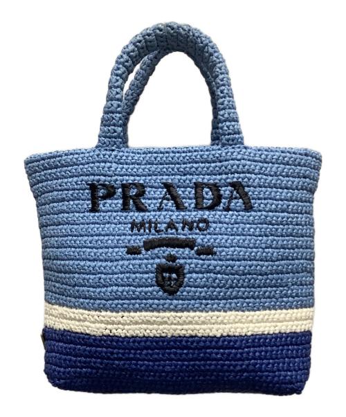 PRADA（プラダ）PRADA (プラダ) ストライプラフィアスモールトートバッグ ブルーの古着・服飾アイテム