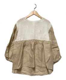 TSUHARU by samansa Mos2（ツハル バイ サマンサモスモス）の古着「配色リネン刺繍ギャザーブラウス」｜ホワイト×ベージュ