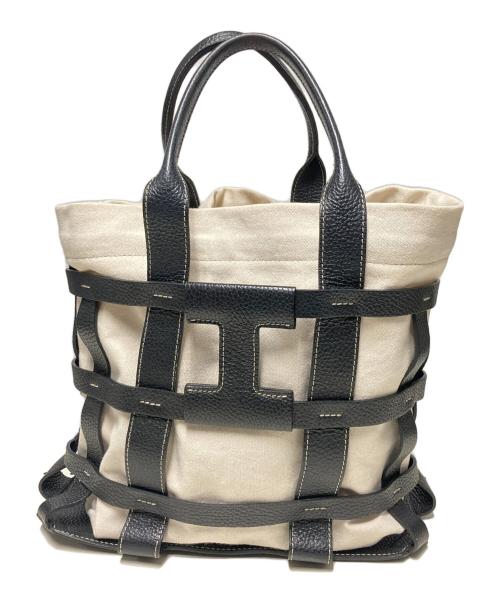 IACUCCI（イアクッチ）IACUCCI (イアクッチ) キャンバス×レザー メッシュトートバッグ ホワイト×ブラックの古着・服飾アイテム