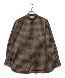 MARKWARE（マーカウェア）の古着「COMFORT FIT BAND COLLAR SHIRT CHECK POPLIN / チェックバンドカラーシャツ」｜ブラウン×グレー