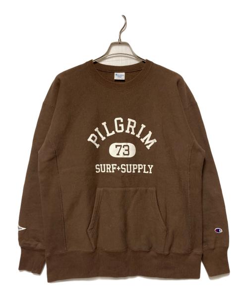 Champion REVERSE WEAVE（チャンピオン リバース ウィーブ）Champion REVERSE WEAVE (チャンピオン リバース ウィーブ) Pilgrim Surf+Supply (ピルグリム サーフサプライ) クルーネックスウェット ブラウン サイズ:Lの古着・服飾アイテム