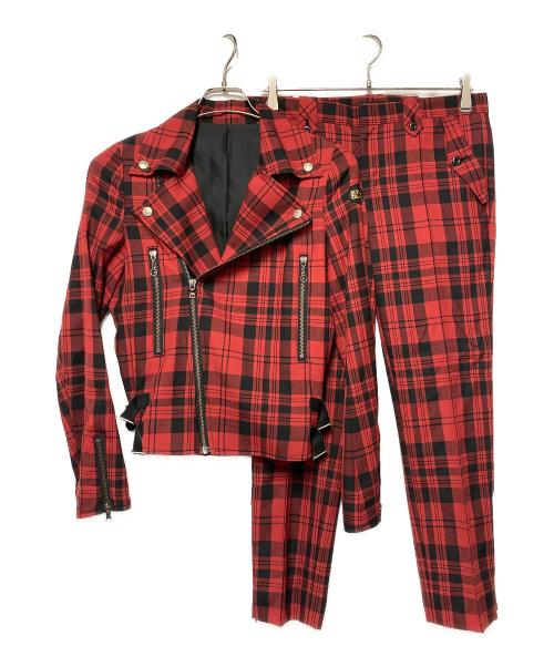 Hysteric Glamour（ヒステリックグラマー）Hysteric Glamour (ヒステリックグラマー) チェックライダースセットアップ レッド×ブラック サイズ:ジャケット:F パンツ:Mの古着・服飾アイテム