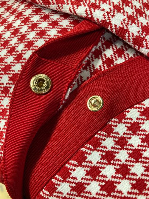 MICHAEL KORS（マイケルコース）MICHAEL KORS (マイケルコース) ギンガムジャカードVネックカーディガン レッド×ホワイト サイズ:XS 未使用品の古着・服飾アイテム