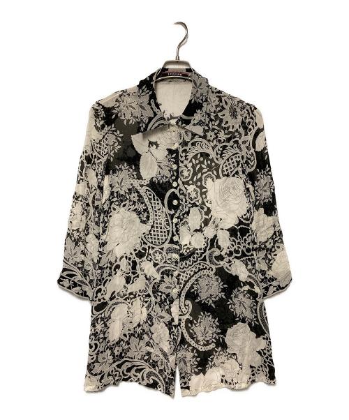 LEONARD（レオナール）LEONARD (レオナール) 総柄シルクシアーシャツ ホワイト×ブラック サイズ:9Rの古着・服飾アイテム