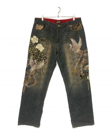 仏喜羅坊 デニムパンツ 38インチ 孔雀 蜘蛛の巣 ドクロ 髑髏 和柄 刺繍 中古・古着通販】仏喜羅坊 (ブッキラボウ) 鳳凰x牡丹刺繍デニムパンツ