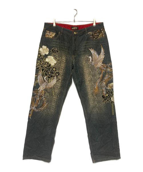 仏喜羅坊（ブッキラボウ）仏喜羅坊 (ブッキラボウ) 鳳凰x牡丹刺繍デニムパンツ ネイビー サイズ:40の古着・服飾アイテム