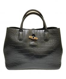 LONGCHAMP（ロンシャン）の古着「クロコ型押しトートバッグ」｜ブラック