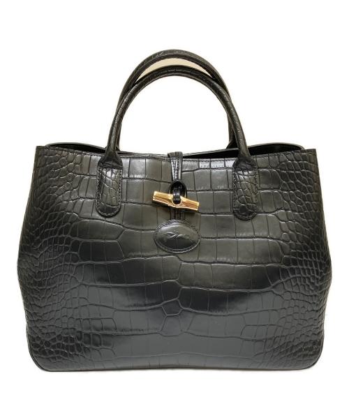 LONGCHAMP（ロンシャン）LONGCHAMP (ロンシャン) クロコ型押しトートバッグ ブラックの古着・服飾アイテム