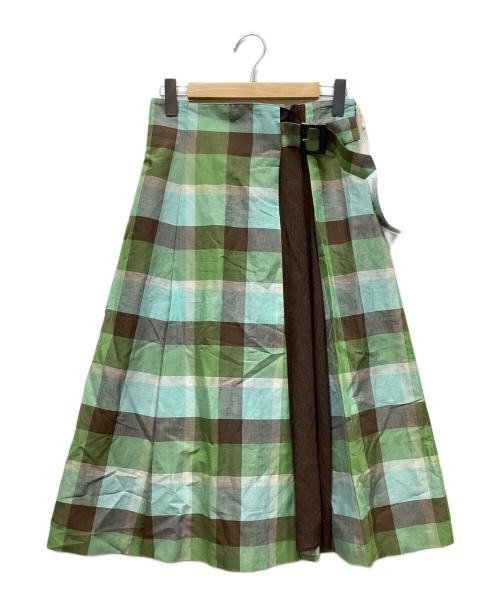 BLUE LABEL CRESTBRIDGE（ブルーレーベルクレストブリッジ）BLUE LABEL CRESTBRIDGE (ブルーレーベルクレストブリッジ) サイドベルトフレアスカート グリーン×ブラウン サイズ:40 未使用品の古着・服飾アイテム