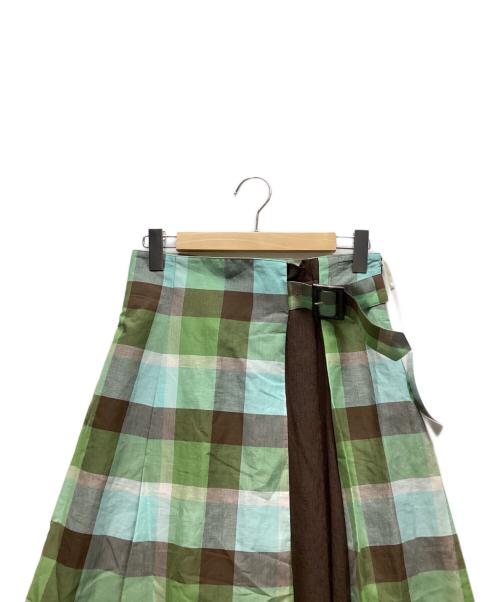 BLUE LABEL CRESTBRIDGE（ブルーレーベルクレストブリッジ）BLUE LABEL CRESTBRIDGE (ブルーレーベルクレストブリッジ) サイドベルトフレアスカート グリーン×ブラウン サイズ:40 未使用品の古着・服飾アイテム