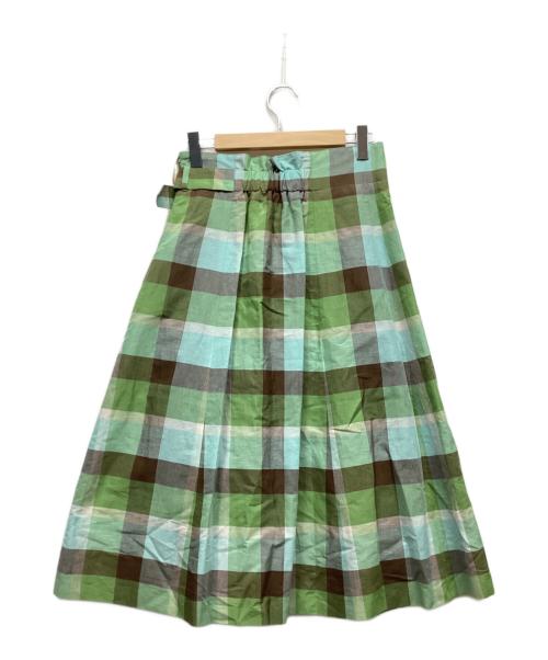 BLUE LABEL CRESTBRIDGE（ブルーレーベルクレストブリッジ）BLUE LABEL CRESTBRIDGE (ブルーレーベルクレストブリッジ) サイドベルトフレアスカート グリーン×ブラウン サイズ:40 未使用品の古着・服飾アイテム
