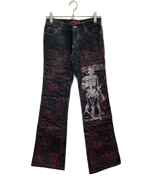 h.ANARCHY（エイチアナーキ）h.ANARCHY (エイチアナーキ) デニムフレアパンツ ブラック×レッド サイズ:Sの古着・服飾アイテム
